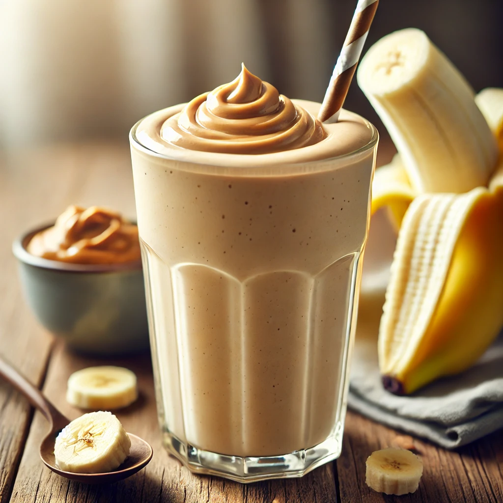 DALL·E 2024-10-05 21.14.19 - A tall glass of banana peanut butter smoothie. The smoothie is creamy and light brown, with a swirl of peanut butter on top. A straw is placed in the